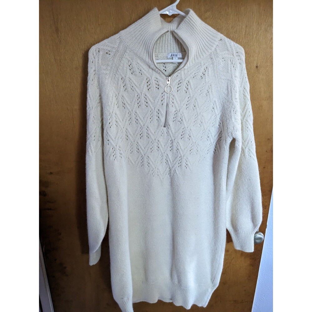 A.U.W Woman's White Knit Midi Sweater Argyle Dress Long Sleeve Size L